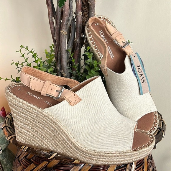 Brand New TOMS Natural Oxford Leather Neutral Espadrille Wedge Slingback Sandals - Picture 1 of 14